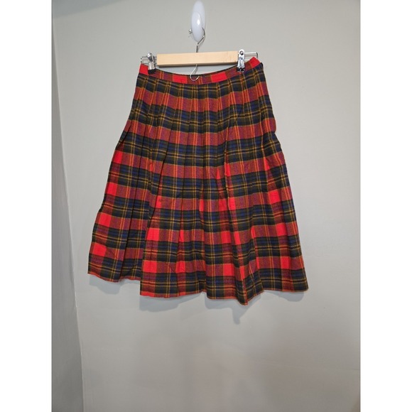 Vintage Dresses & Skirts - Vintage ILGWU Plaid Pleated Kilt Skirt Red Blue Wool Academic Midi Womens Small